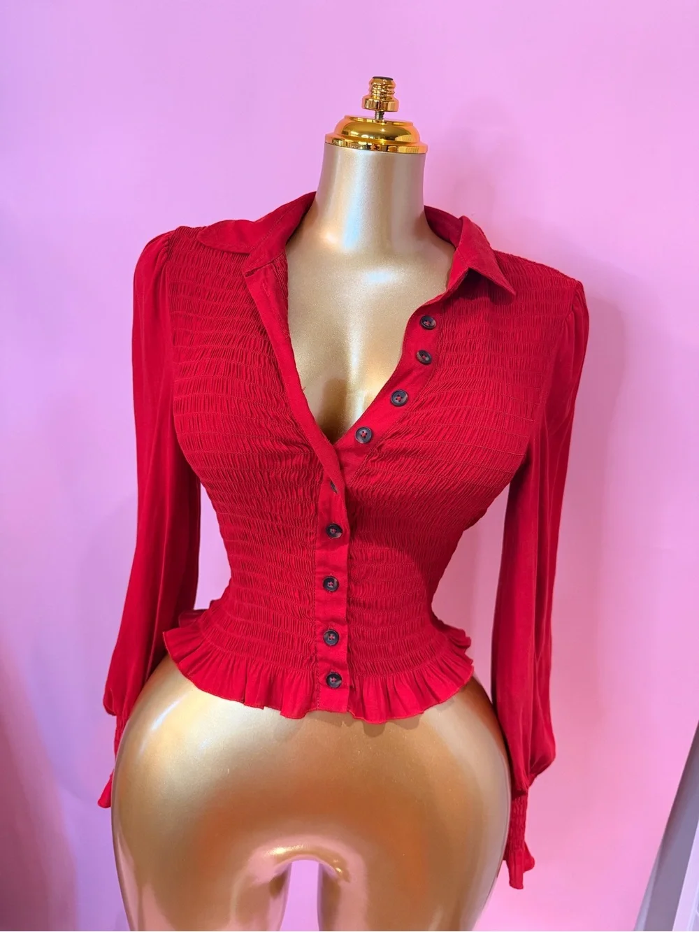Free People Red Ruched Button-Front Long Sleeve Top